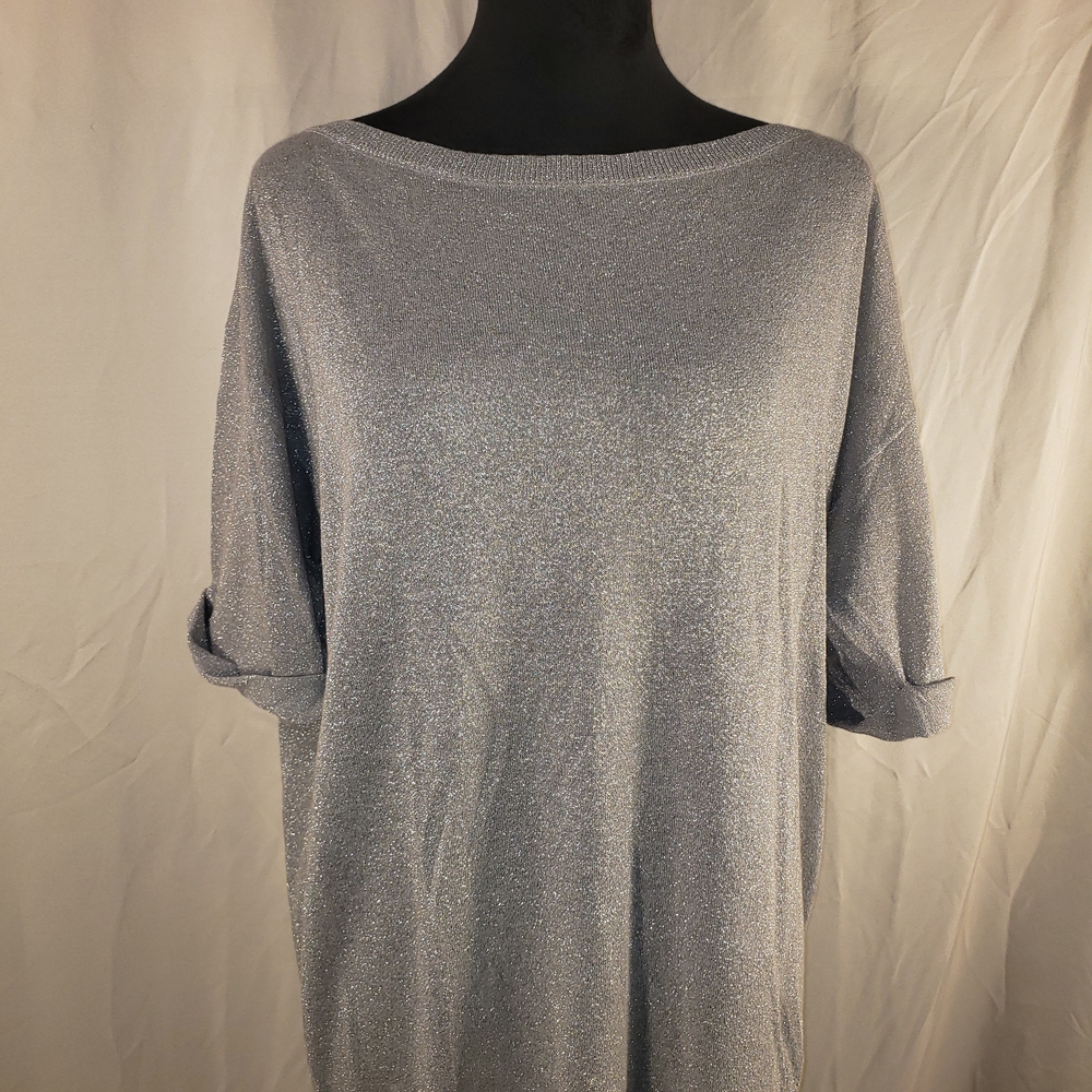 Chic Ann Taylor Women's Metallic Silver Lightweight Short Sleeve Sweater - M